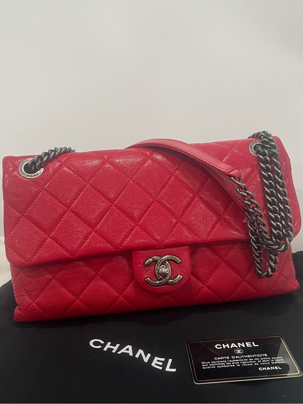 Chanel Quilted shiny Letaher Red Flap Bag